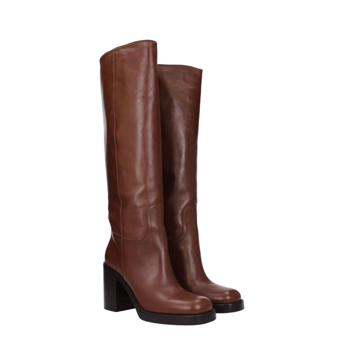 Prada Brown Leather High Heel Boots with round toe and 9 cm heel, featuring premium leather sole, cognac accents, style: casual.