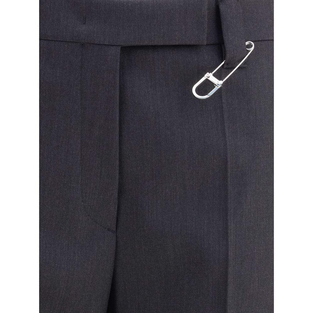 Close-up of Prada Gray Fleece Wool Dress Pants with safety pin detail, showcasing high waist and subtle stitching for AW25 season.