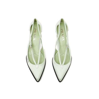 Prada Green Silk Mid Heel Pumps featuring pointed toe, jeweled ornament, and metal buckle closure, made of silk and leather, with a 5.5 cm heel.