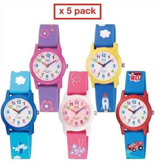 Q&Q FASHION Mod. VR99_PACK 5 KIDS WATCHES / 5 OROLOGI BIMBO, water resistant 10 ATM, colorful quartz wristwatches in official box