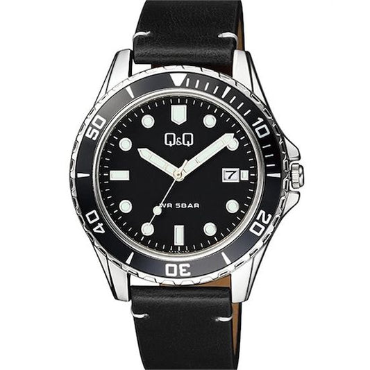 Q&Q Mod. GENT DATE wristwatch with black leather strap, 43 mm metal case, mineral dial, quartz movement, and date function. Water resistant 5 ATM.