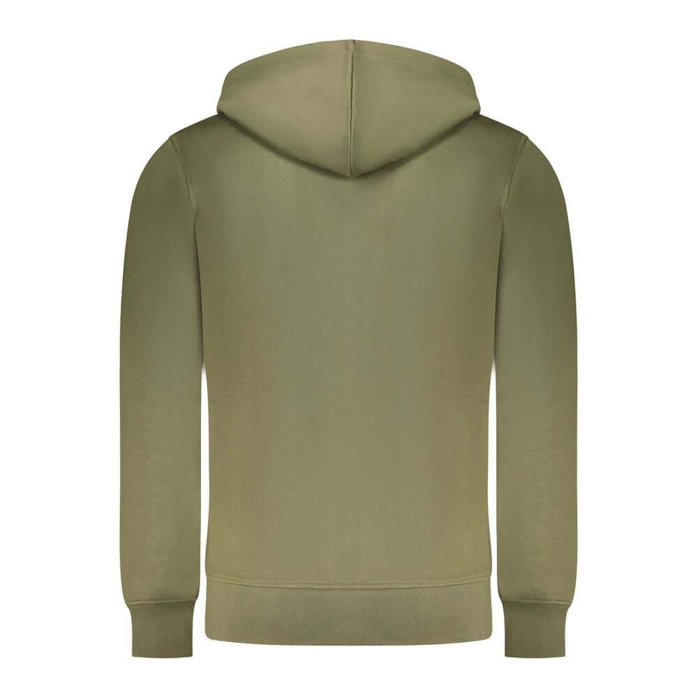 Rifle Green Cotton Men Sweater, back view showcasing hoodie design with long sleeves and casual fit.