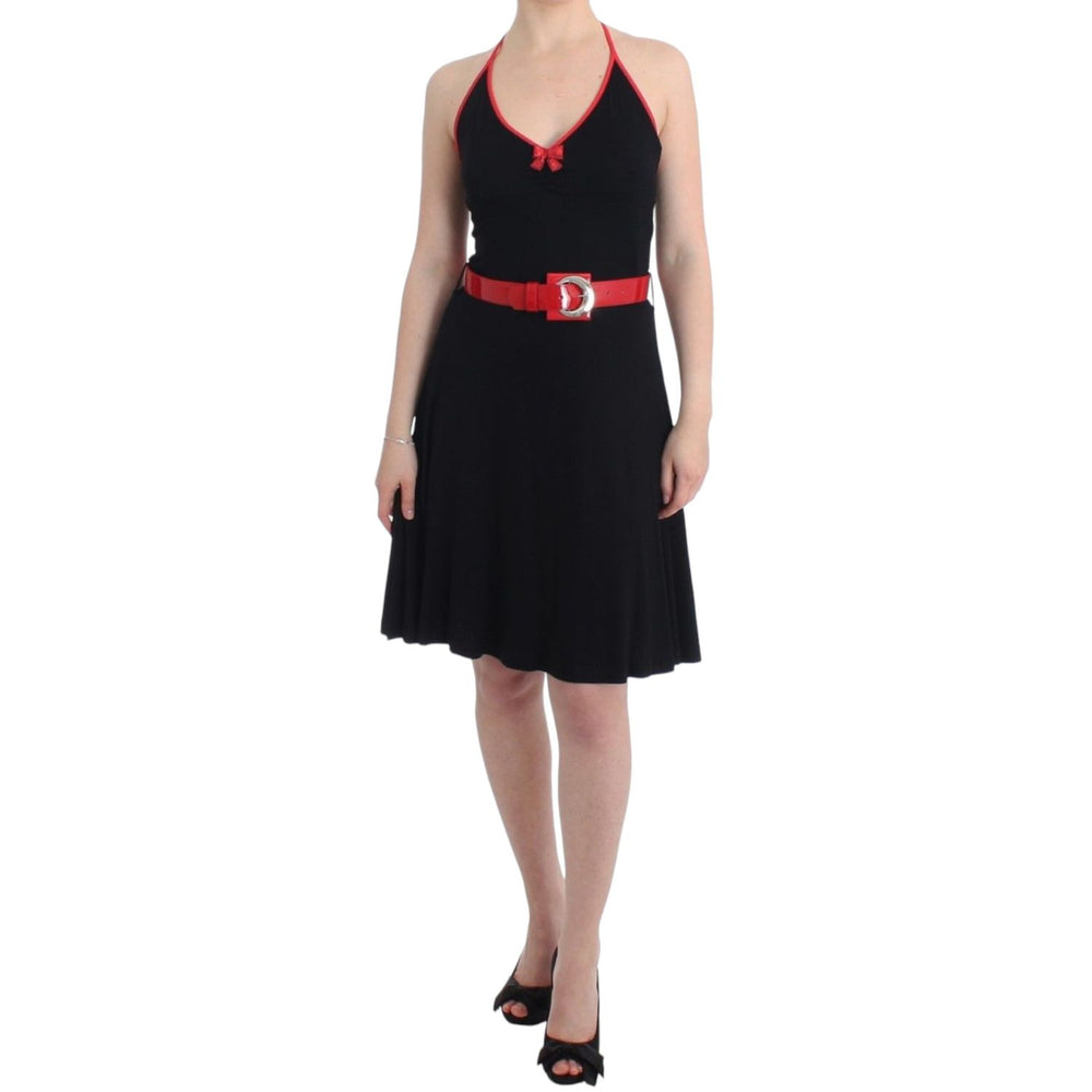 Roccobarocco Black belted palladio dress with red accents, knee-length, sleeveless, round neckline, featuring original tags.