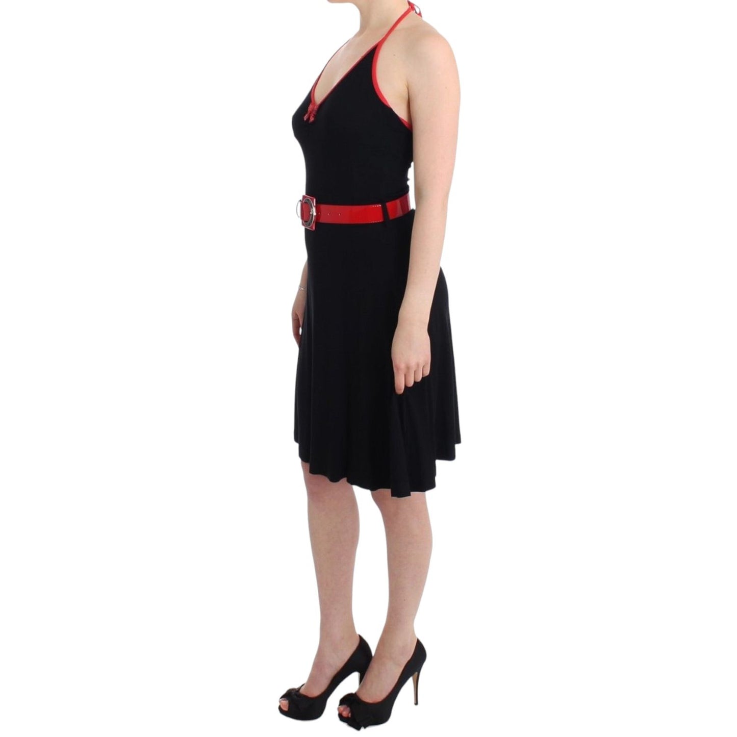 Roccobarocco Black belted palladio dress featuring a red belt, knee-length, sleeveless design with a round neckline.