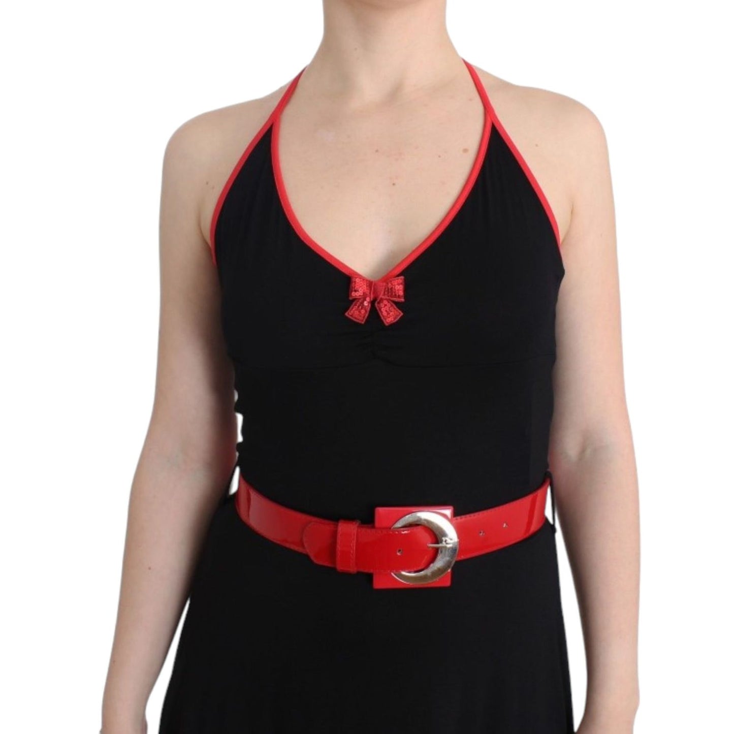 Roccobarocco Black belted palladio dress with red accents, round neckline, sleeveless, featuring a striking red waist belt.