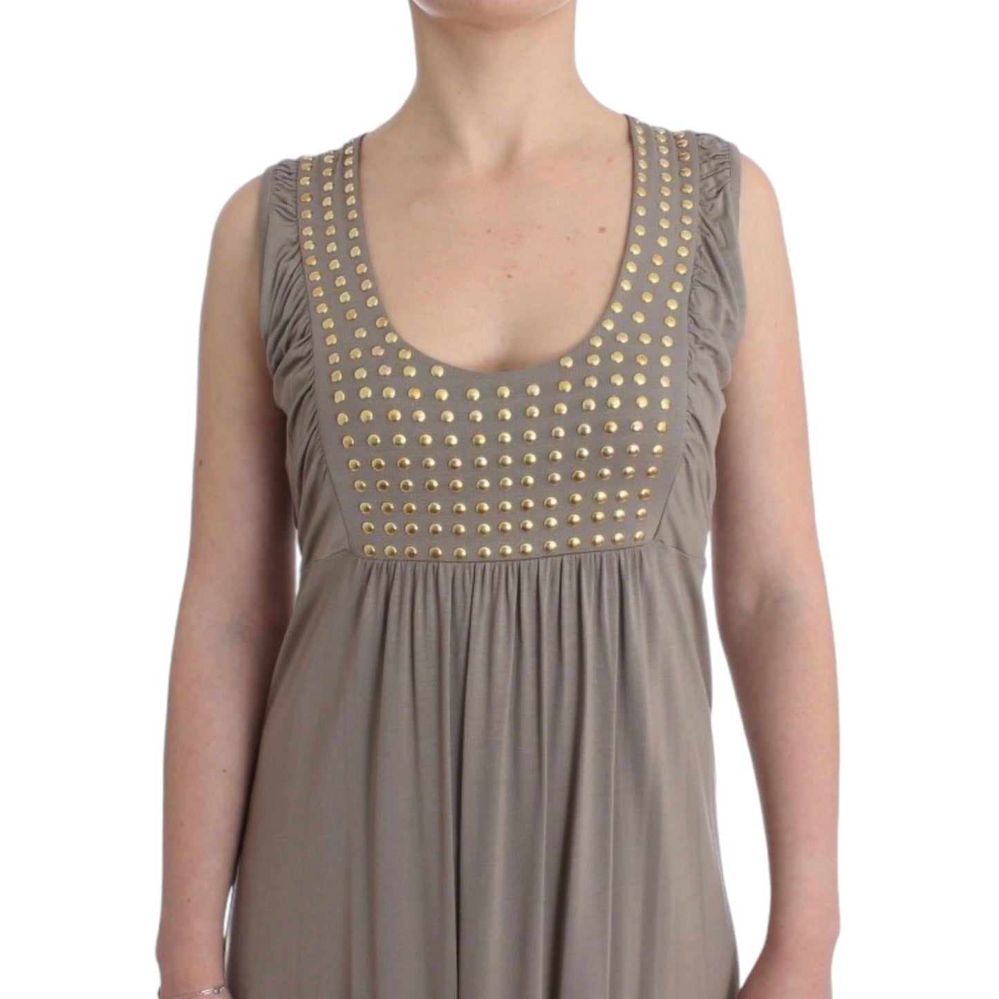 Roccobarocco Khaki studded sheath dress with round neckline and sleeveless design, featuring gold studded details and waist ties.
