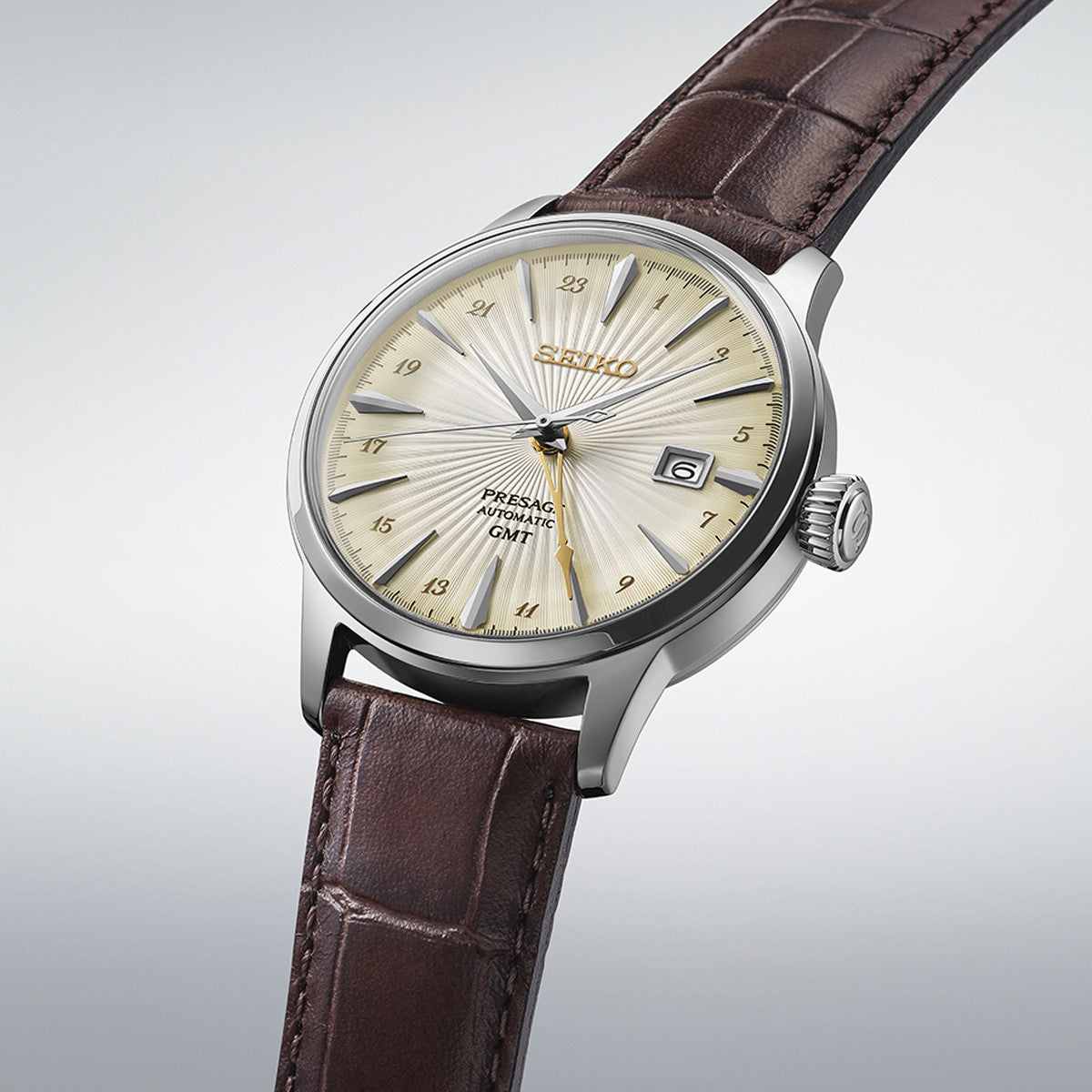 SEIKO PRESAGE Mod. COCKTAIL AUTOMATIC - LEATHER, CREAM watch with brown leather strap and elegant cream dial