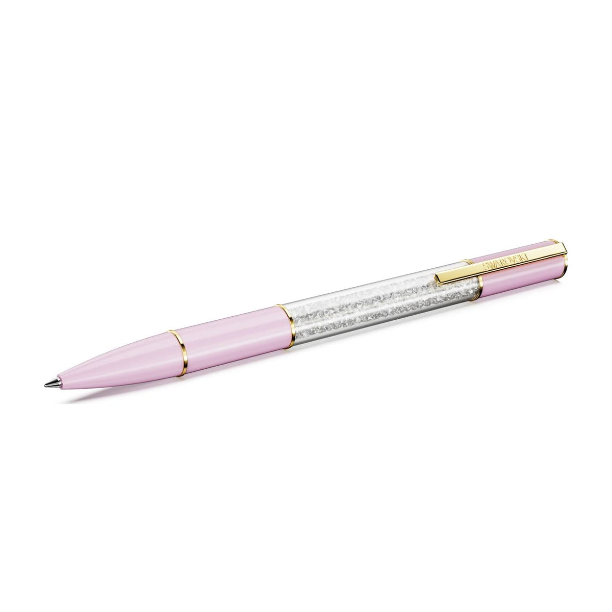 SWAROVSKI WRITING FASHION ACCESSORIES Mod. 5693725, pink crystal-studded pen with gold accents.