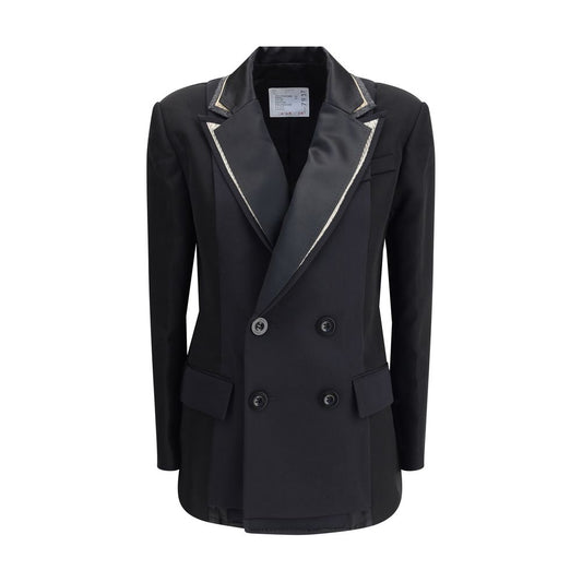 Sacai Black Polyester Clothing featuring a double-breasted wool blazer with distinctive peaked lapels and front button details.