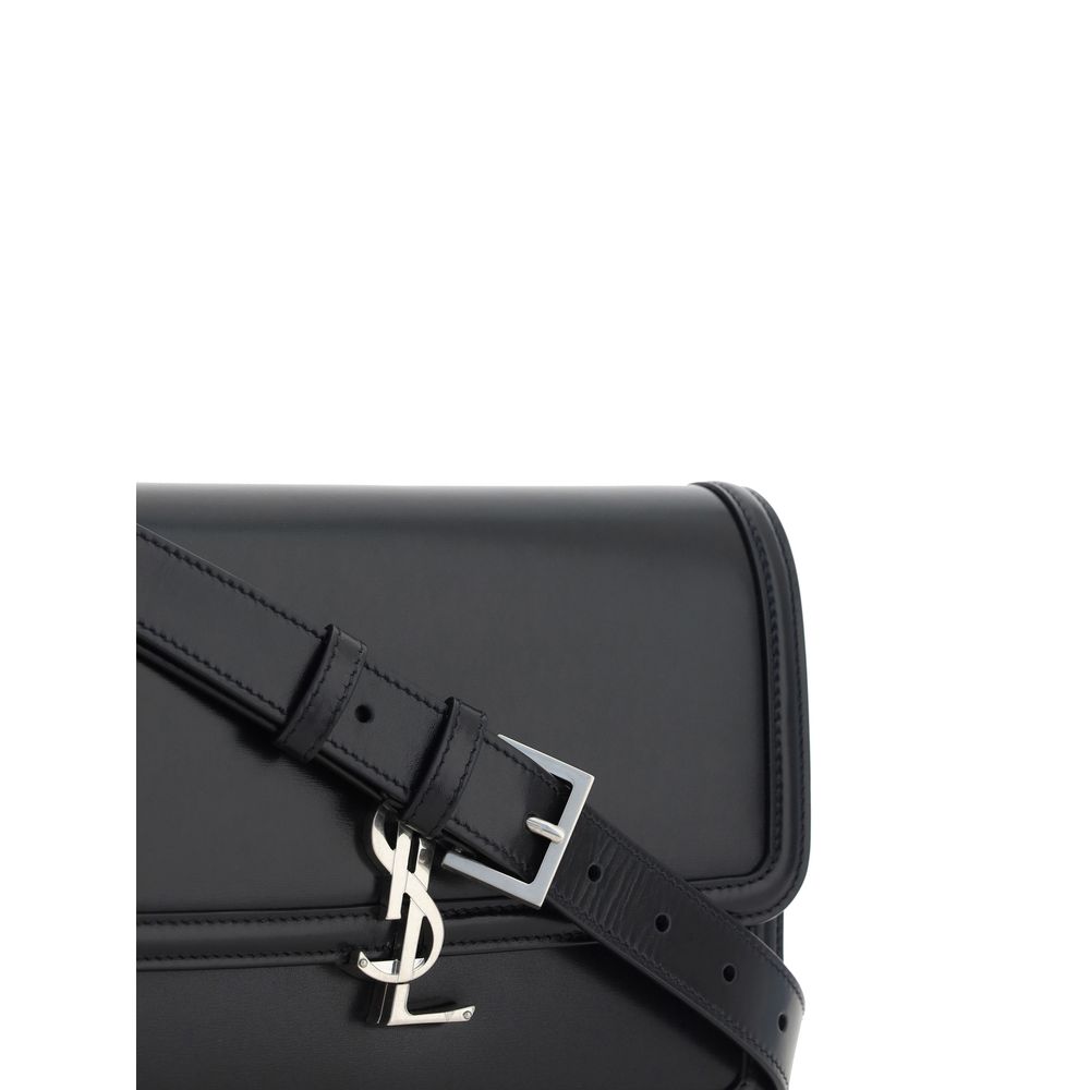 Saint Laurent Black Calf Leather Bos Taurus Shoulder Bag with YSL logo, smooth leather design, and interlocking magnetic flap closure.