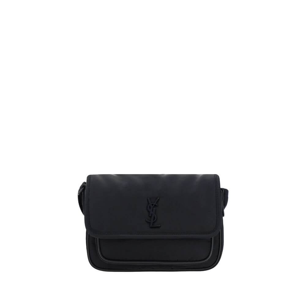 Saint Laurent Black Polyamide Shoulder Bag with YSL logo and magnetic flap, adjustable strap, back pocket, single compartment, AW25.