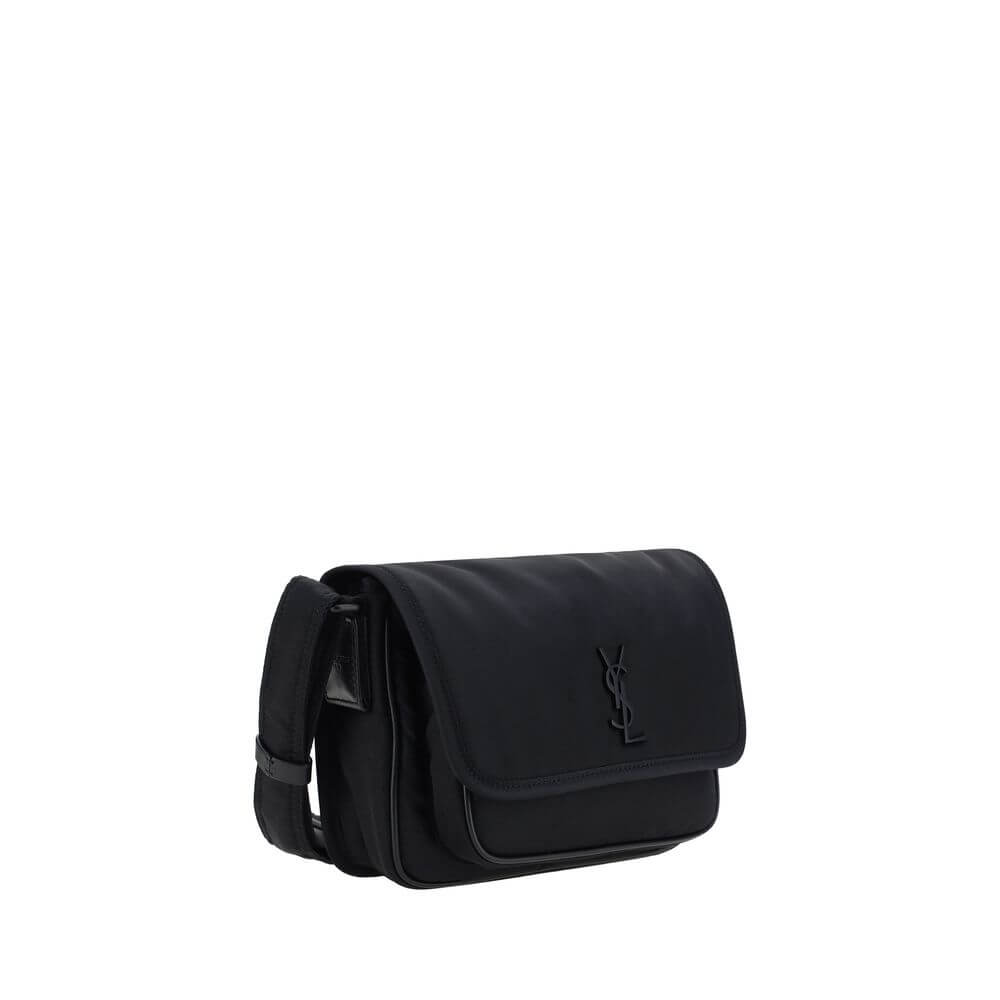 Saint Laurent Black Polyamide Shoulder Bag with adjustable strap and YSL logo, front magnetic flap closure, and back pocket.