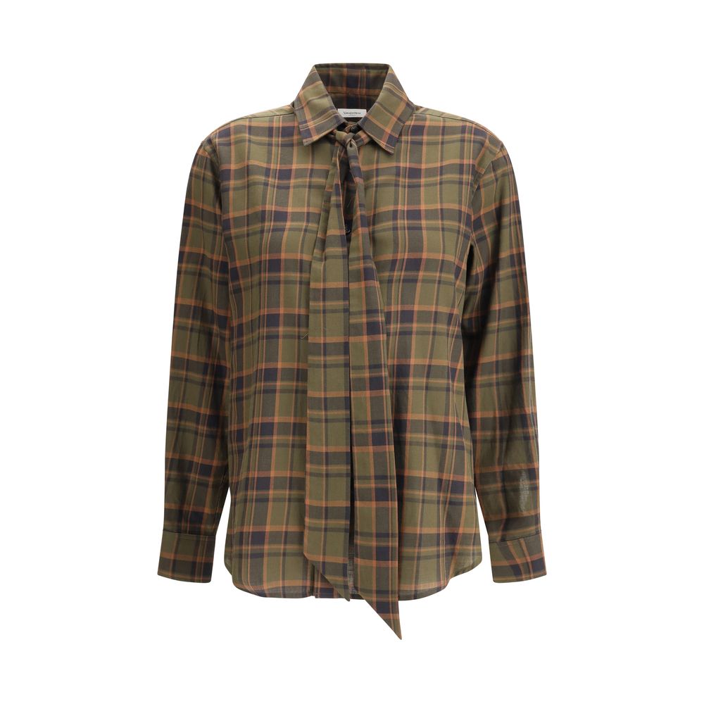 Saint Laurent Green Cotton Pattern Shirt with check design, lavallière bow, and Cassandre embroidery for AW25.