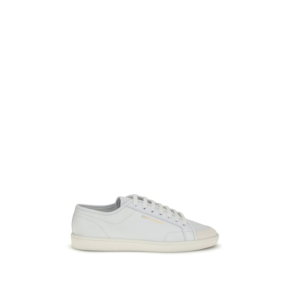 Alt Tag: Saint Laurent White Calf Leather Bos Taurus Low Top Sneakers with a gold signature and rubber sole for stylish comfort.