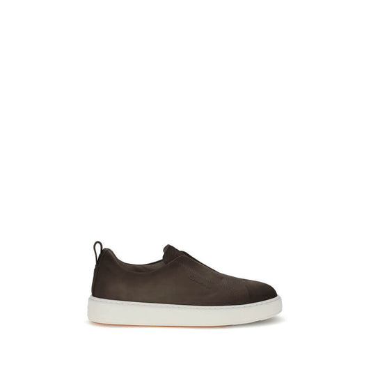 Santoni Brown Rubber Low Top Sneakers with white sole and heel loop, showcasing sleek slip-on design for style and comfort.