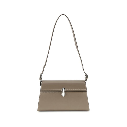 Savette Beige Calf Leather Bos Taurus Shoulder Bag with adjustable strap and iconic Symmetry turnlock closure.