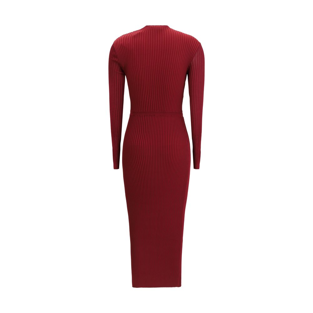 Back view of Self-Portrait Bordeaux Viscose Casual Dress with ribbed design and long sleeves. Figure-hugging fit with modern cut-out details.