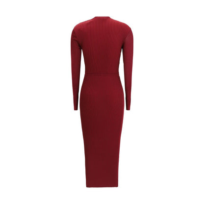 Back view of Self-Portrait Bordeaux Viscose Casual Dress with ribbed design and long sleeves. Figure-hugging fit with modern cut-out details.