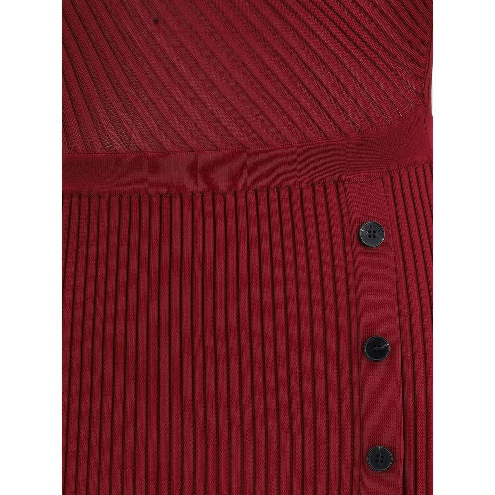 Close-up of Self-Portrait Bordeaux Viscose Casual Dress showcasing ribbed texture and button detailing.