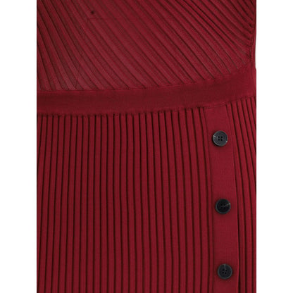 Close-up of Self-Portrait Bordeaux Viscose Casual Dress showcasing ribbed texture and button detailing.