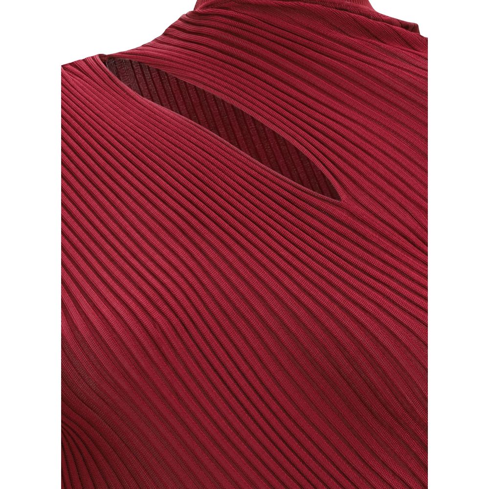 Close-up of Self-Portrait Bordeaux Viscose Casual Dress showing ribbed texture and cut-out detail.