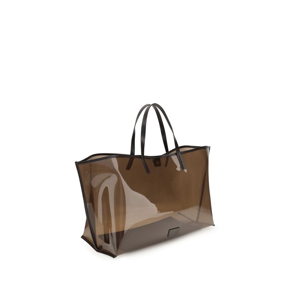 Staud Brown PVC Handbag, large transparent tote with black handles, modern and lightweight design.