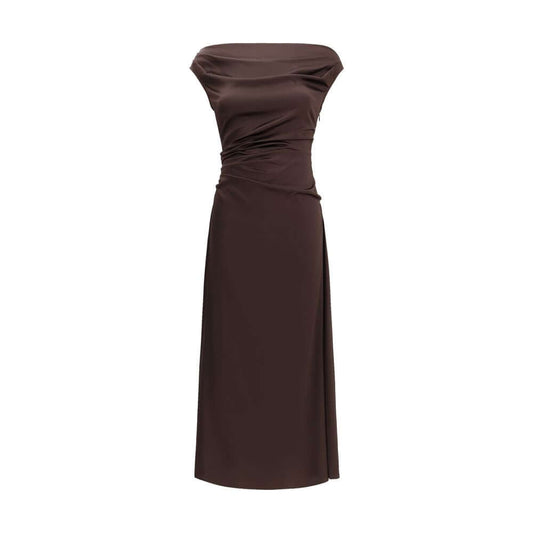Staud Brown Silk Cocktail Dress with draped neckline and fitted waist, made of stretch silk, perfect for elegant special occasions.
