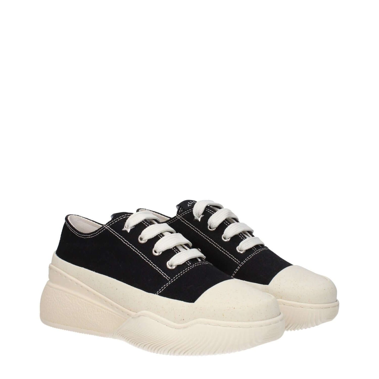Stella McCartney Black Fabric Chunky Sneakers with lace-up closure, round toe, and rubber sole. Wedge height: 5 cm, mid heels.