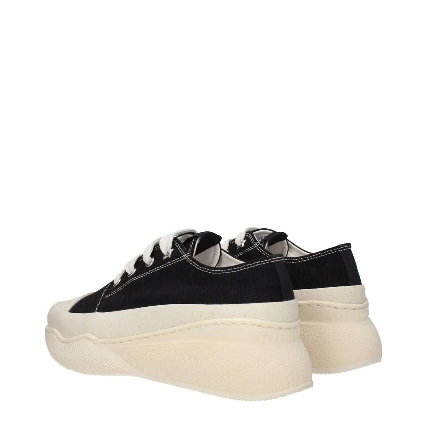 Stella McCartney Black Fabric Chunky Sneakers with lace up closure, rubber sole, and mid heel height, featuring a front logo design.