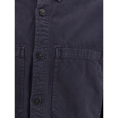 Close-up of Stone Island Blue Cotton Dress Shirt showing patch pockets and buttons.