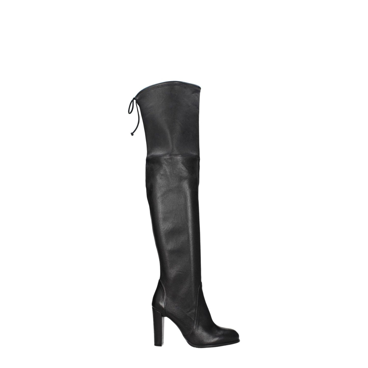 Stuart Weitzman Black Leather Over The Knee high heel boot with drawstring closure.