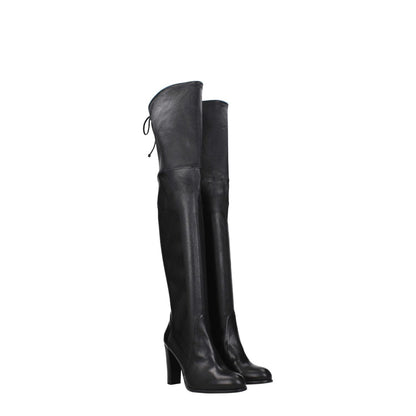 Stuart Weitzman Black Leather Over The Knee boots with drawstring closure, high heel, and round toe, showing aged vintage effect.