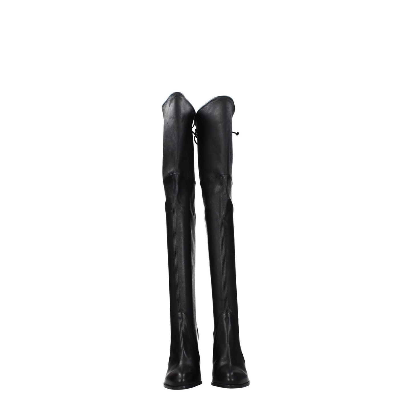 Stuart Weitzman Black Leather Over The Knee boots with high heel, round toe, and drawstring closure, featuring vintage effect.