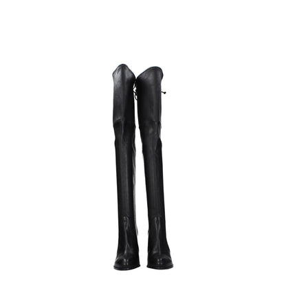Stuart Weitzman Black Leather Over The Knee boots with high heel, round toe, and drawstring closure, featuring vintage effect.