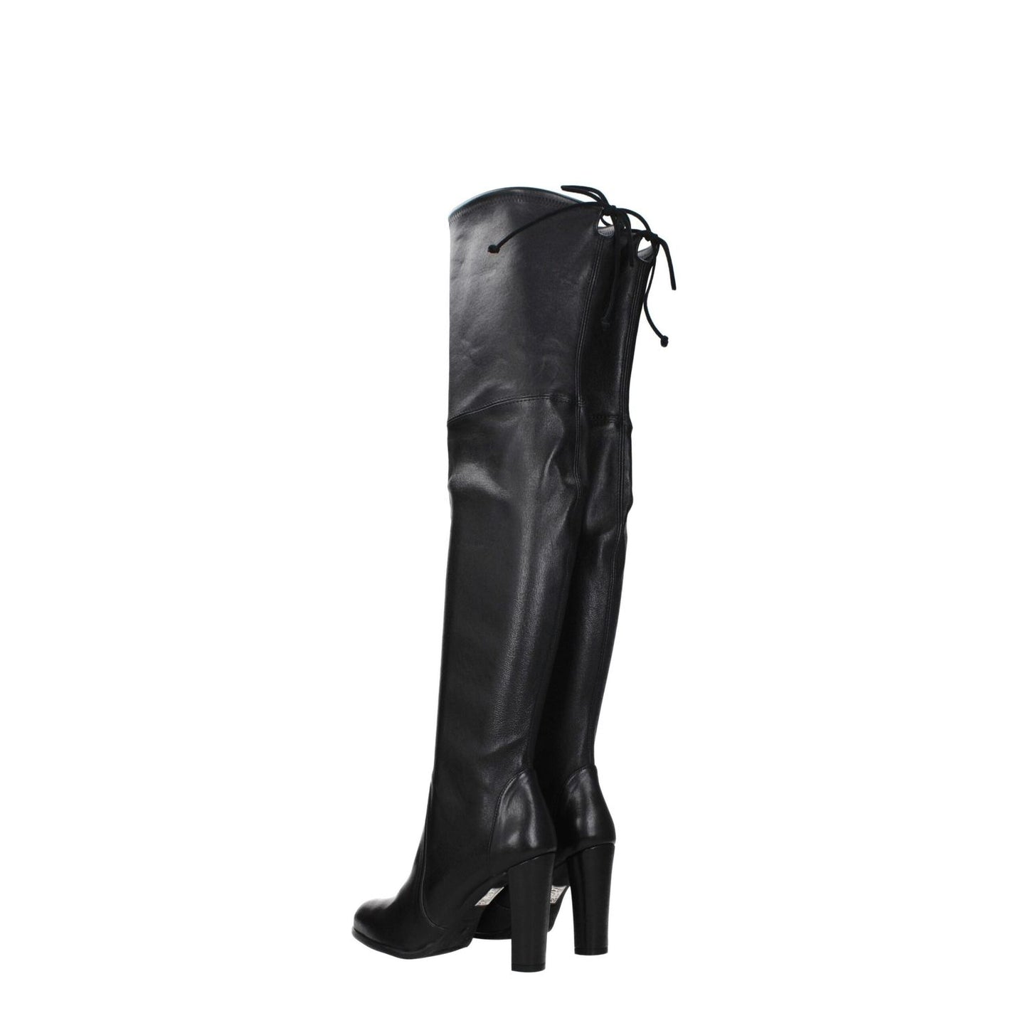 Stuart Weitzman Black Leather Over The Knee boots with drawstring closure, aged effect, round toe and high heel, side view.