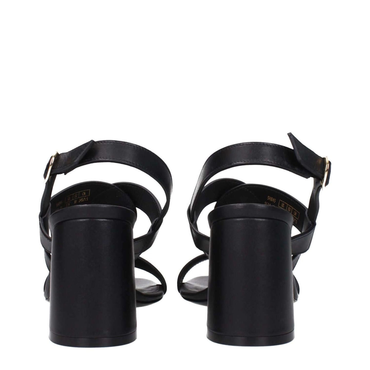 Stuart Weitzman Black Leather Platform Sandals with buckle closure and mid heels, rear view showcasing open toe design, heel height 7.5 cm.