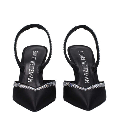 Stuart Weitzman Black Satin Stiletto Heel Sandals with rhinestone detail and leather sole, featuring pointy toe and high heel.