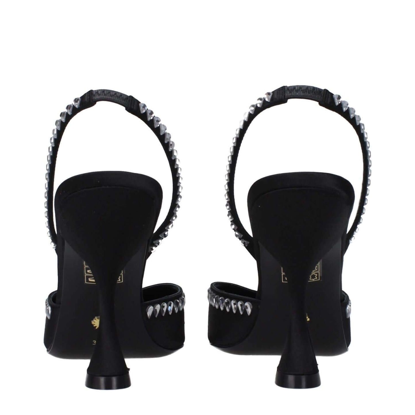 Back view of Stuart Weitzman Black Satin Stiletto Heel Sandals with rhinestone detail and leather sole.