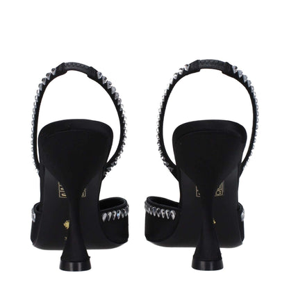 Back view of Stuart Weitzman Black Satin Stiletto Heel Sandals with rhinestone detail and leather sole.