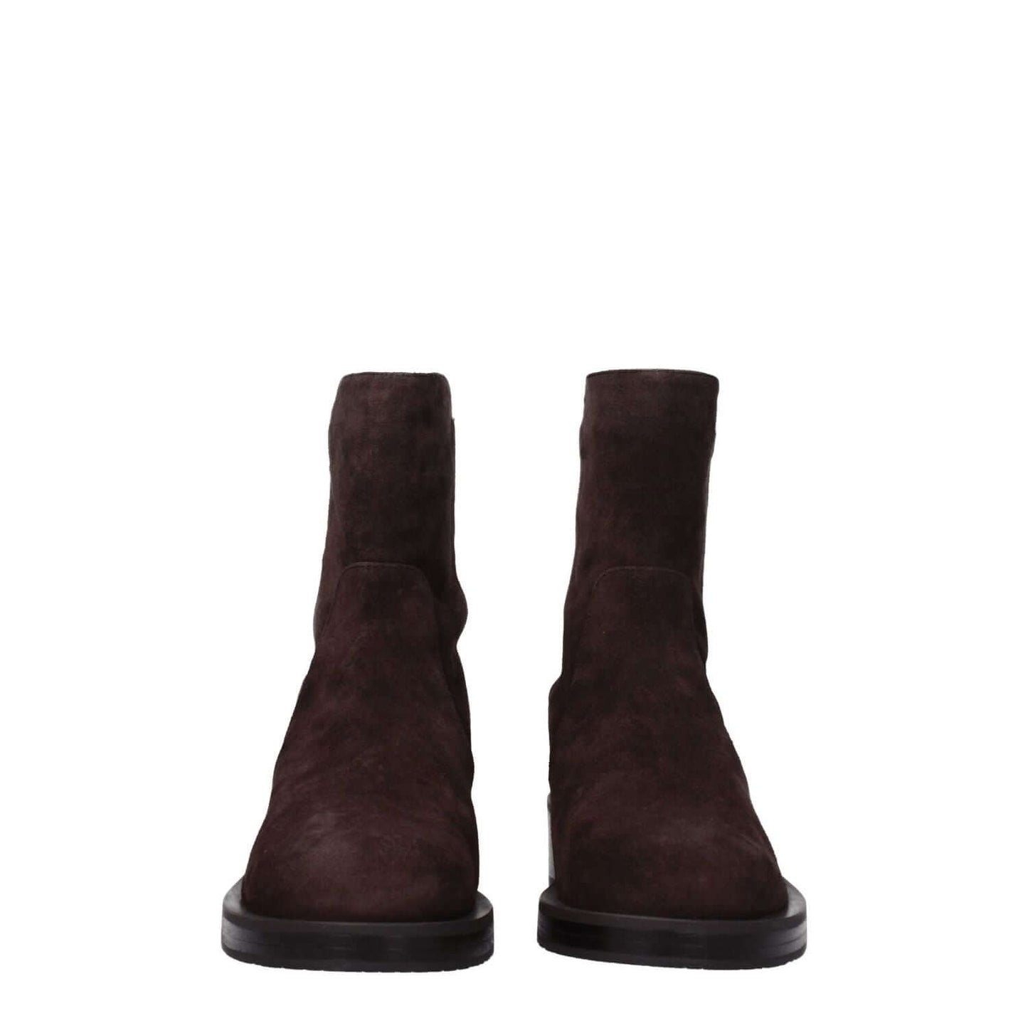 Front view of Stuart Weitzman Brown Leather Ankle Boots in suede with rubber sole and round toe, style 5050BOLDRTSSG101HICKORY.