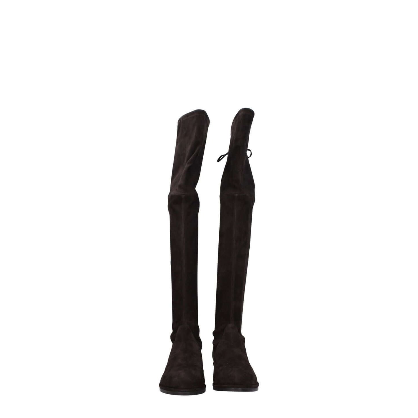 Stuart Weitzman Brown Leather Over The Knee suede boots, casual style with self-tie closure, low flat heel, round toe, rubber sole.