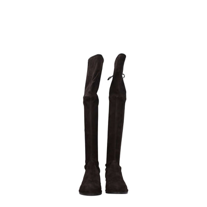 Stuart Weitzman Brown Leather Over The Knee suede boots, casual style with self-tie closure, low flat heel, round toe, rubber sole.