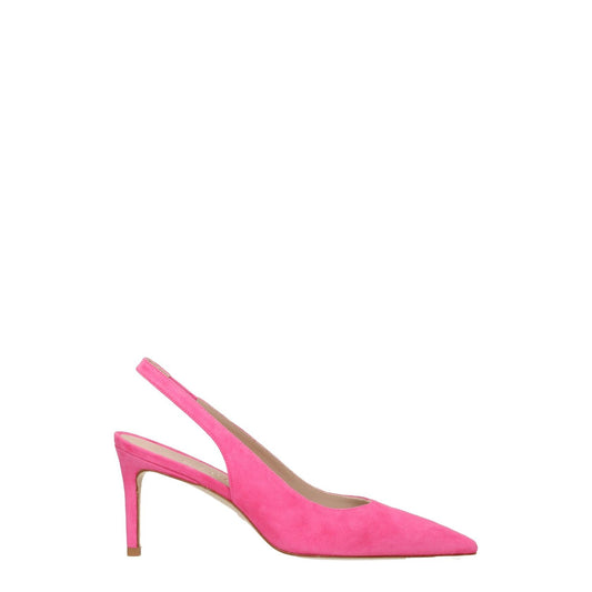 Stuart Weitzman Pink Leather High Heel Pumps with pointy toe, mid heel, and pink suede material.