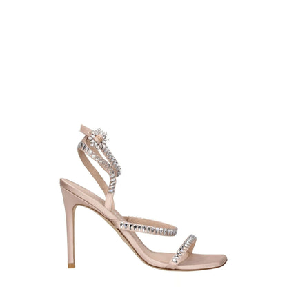 Stuart Weitzman Pink Satin Stiletto Heel Sandals with rhinestone straps and buckle closure, 10 cm open toe high heel in powder pink.
