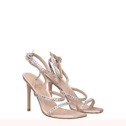 Stuart Weitzman Pink Satin Stiletto Heel Sandals with rhinestone details, open toe design, and leather sole, 10 cm high heel.