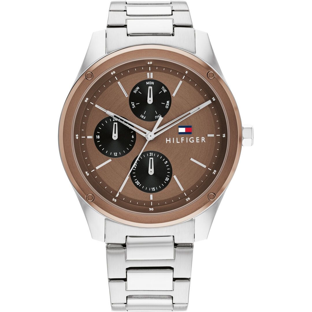 TOMMY HILFIGER Mod. 1710533 quartz analog gent's watch with 43mm case, mineral dial, and 5 ATM water resistance.