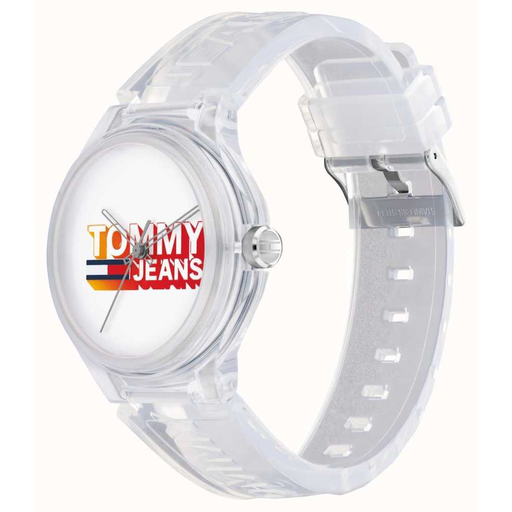Clear Tommy Hilfiger watch with Tommy Jeans logo on dial, unisex quartz analog design, 3 ATM water resistance, 40mm case size.