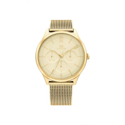 Gold quartz watch with mesh bracelet featuring analog dial, water resistance 3 ATM, and mineral glass from TOMMY HILFIGER Mod. 1782458.