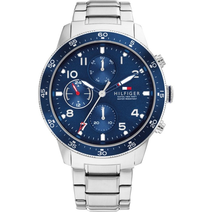 Alt Tag: TOMMY HILFIGER Mod. 1791949 men's quartz analog watch with blue dial, 44mm case, and official packaging, water-resistant 5 ATM.