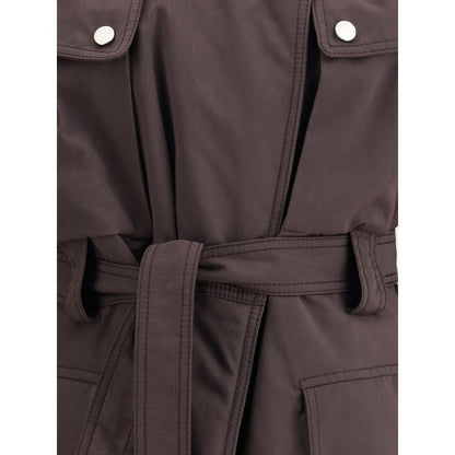 Close-up of The Andamane Purple Polyester Coat with snap buttons and a knotted belt highlighting its design details.